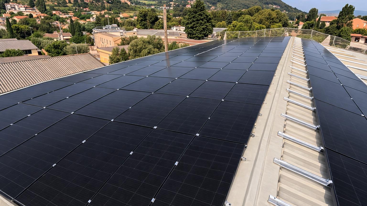 Centrale photovoltaïque aux panneaux noirs sur une toiture professionnelle